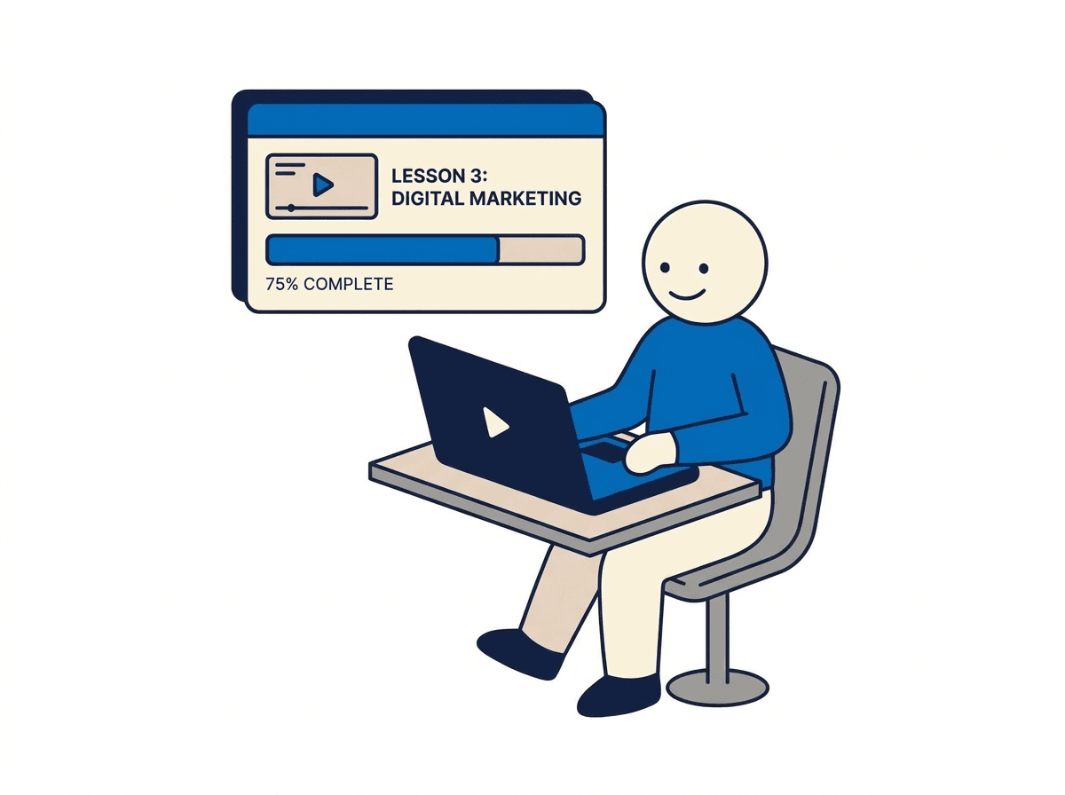 Illustration of a course creator juggling a separate course platform, chat tool and analytics dashboard